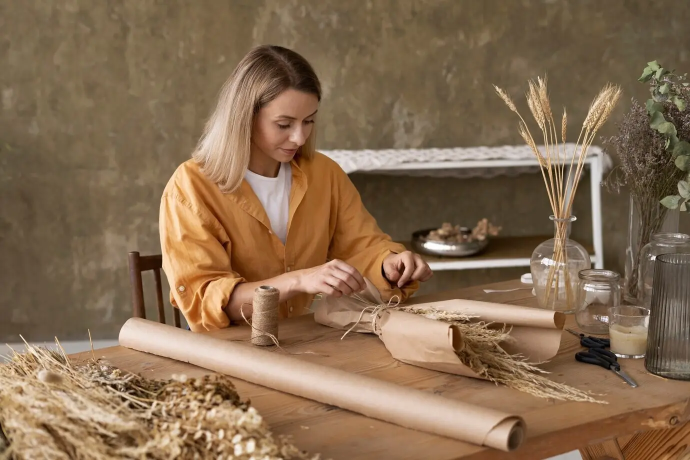 Eine Frau stellt ihr eigenes Arrangement aus Trockenblumen zusammen.